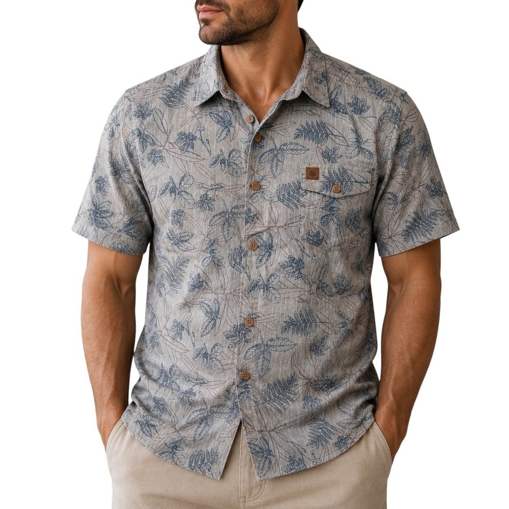 HippyTree Mens Nomad Division Leaf Print Short Sleeve Button Up Shirt Grey L